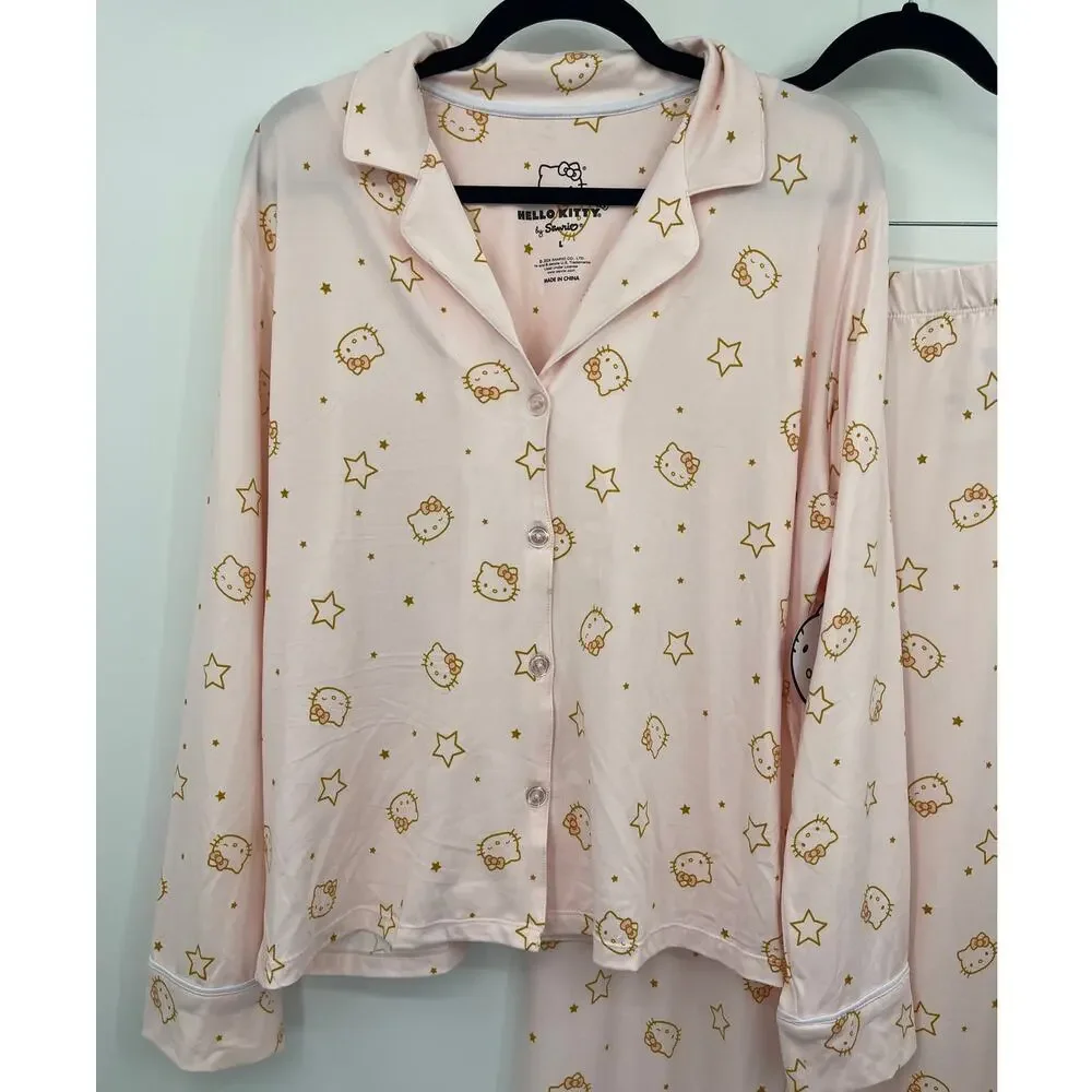 Hello Kitty Sanrio Pink 2 Piece Pajama Set Long Sleeve Pants Sleepwear Large NEW